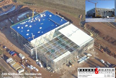 Neubau einer Halle mit Dach aus 5.000m² Trapezblech und 2.700m² Fassadenfläche