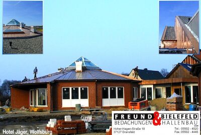 Polygonales Hoteldach, Tragwerk mit verz. Stahlkonstruktion und Kassetten-Tragschale, Kupfer-Stehfalzeindeckung, Fassade ebenfalls mit Stehfalz