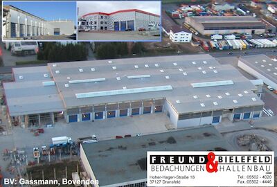 Sanierung und Umgestaltung eines ehem. Betonwerkes (Ebel-Bau) zu einer modernen LKW-Werkstatt, Flachdachsanierung + Wärmedämmung PVC, RWA-Anlage in Lichtband, Fassade Sandwich-Welle